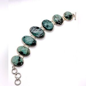 Vtg 925 Sterling & Natural Emerald Chunky Toggle Clasp Bracelet | 7” - 8” | 60g